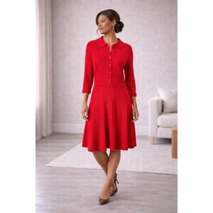 Talbots Petite Small Red Ruffle Collar Fit Flare Sweater Dress Office Siren